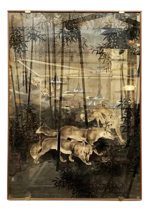 Antique Japanese Silk Tapestry with 5 Foxes in Bamboo Forest, 1700s