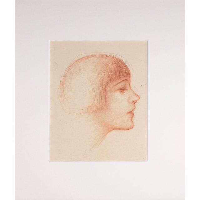 Charming, antique art deco portrait drawing of a silent film by well listed illustrator artist Charles Sheldon. Conté on...