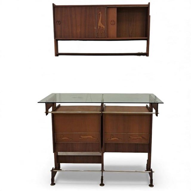 Bar cabinet made of teak wood with carved oak decorations. The set includes several pieces: a bar counter, a bar cabinet...