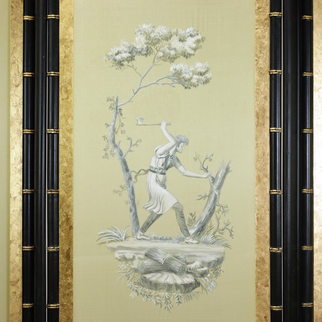 Vintage Neoclassical Four-Panel Folding Screen – Hand-Painted Silk With Faux Bamboo Frame For Sale - Image 9 of 15