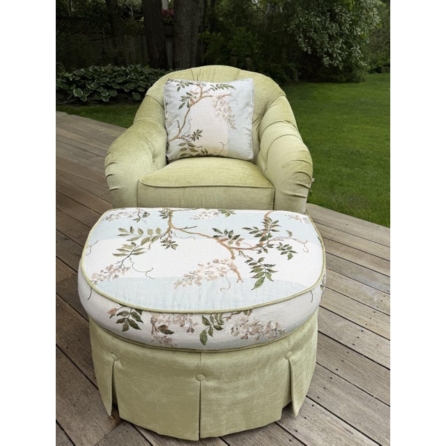 Custom Tufted Green Lounge Chair & Ottoman Set in Floral Colefax and Fowler For Sale - Image 13 of 18
