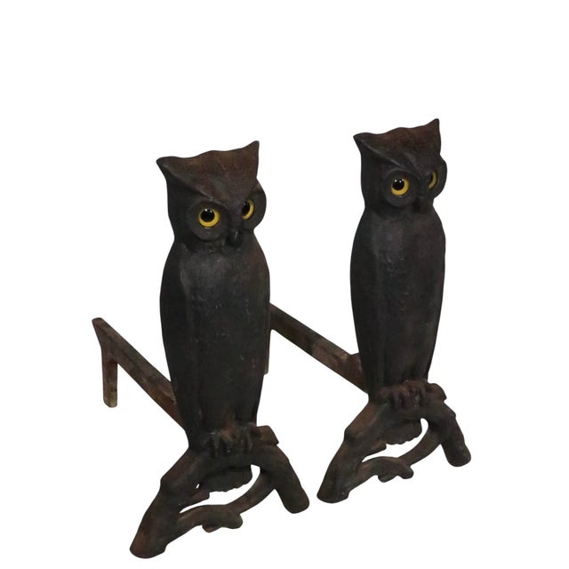 Gray Large Pair of Vintage Arts and Crafts Rustic Victorian Owl Andirons With Glass Eyes For Sale - Image 8 of 14