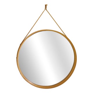 Mid-Century Modern Round Wooden Wall Mirror with Rope, 1950s For Sale