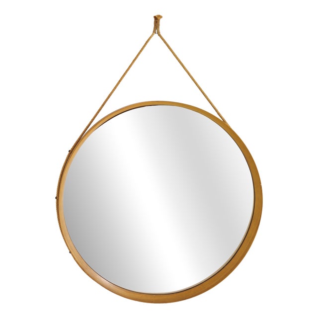 Mid-Century Modern Round Wooden Wall Mirror with Rope, 1950s For Sale
