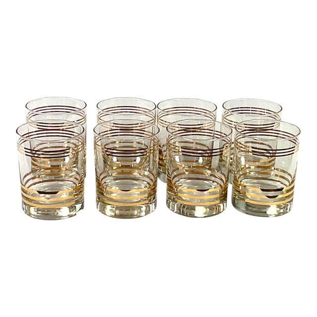 1950s Mid-Century Modern Gold Banded -Low Ball/Rocks Glass/Old-Fashioned Glass/Tumblers – Set of Eight For Sale