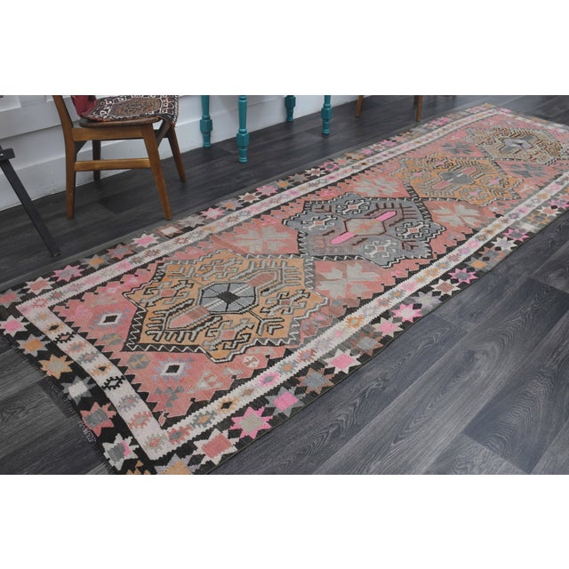 1970s Vintage Handmade Wool Cotton Pink Coral Runner Rug For Sale - Image 4 of 11