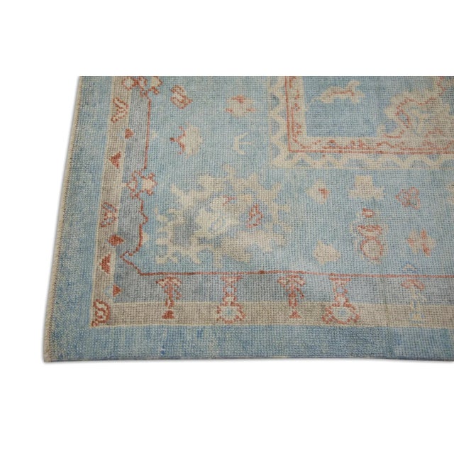 Modern Early 21st Century Blue Handwoven Wool Turkish Oushak Rug in Red Floral Pattern 8'4" X 10'2" For Sale - Image 3 of 7