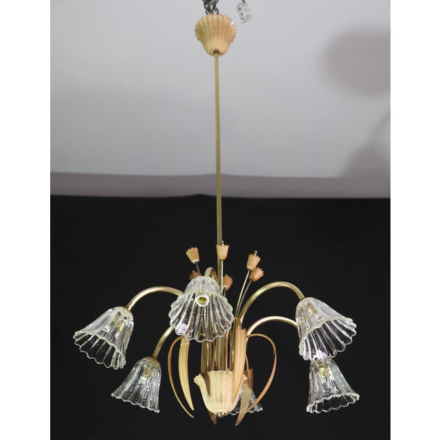 1950 Art Decò Murano Glass and Brass Chandelier, 6 Light For Sale - Image 10 of 18