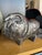 Large, broad form metal ram sculpture. Primitive Scandinavian style form with formed details on all sides. Display ready...