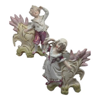 Antique Porcelain Spill Vase Pair – Romantic Boy & Girl Figurines For Sale