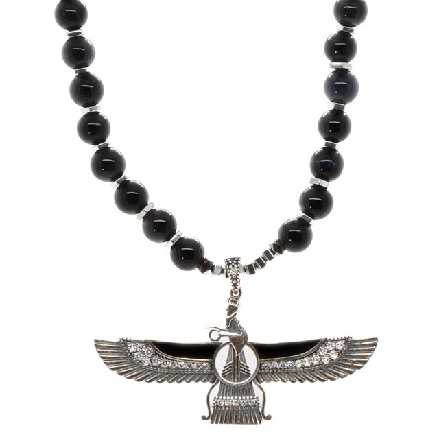 Guardian Angel Faravahar Pendant Black Tourmaline Beaded Necklace For Sale - Image 12 of 12