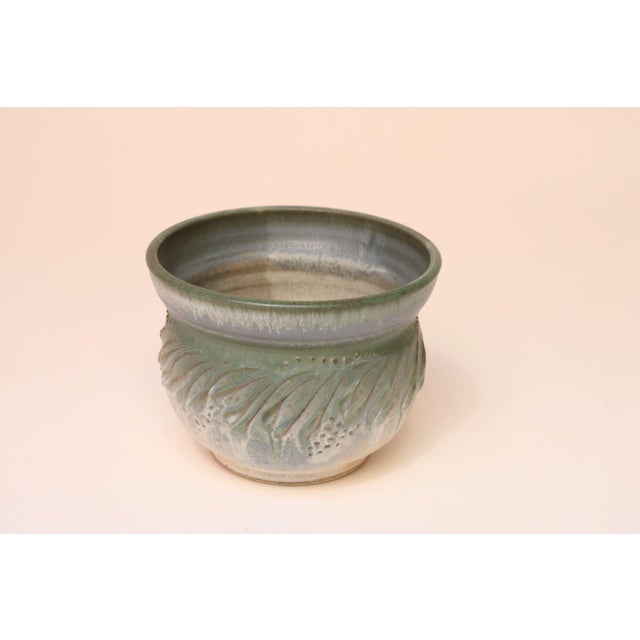 Mid-Century Modern Petite Vintage Green and Blue Incised Ceramic Planter Vase by Deanna Nichols For Sale - Image 3 of 18