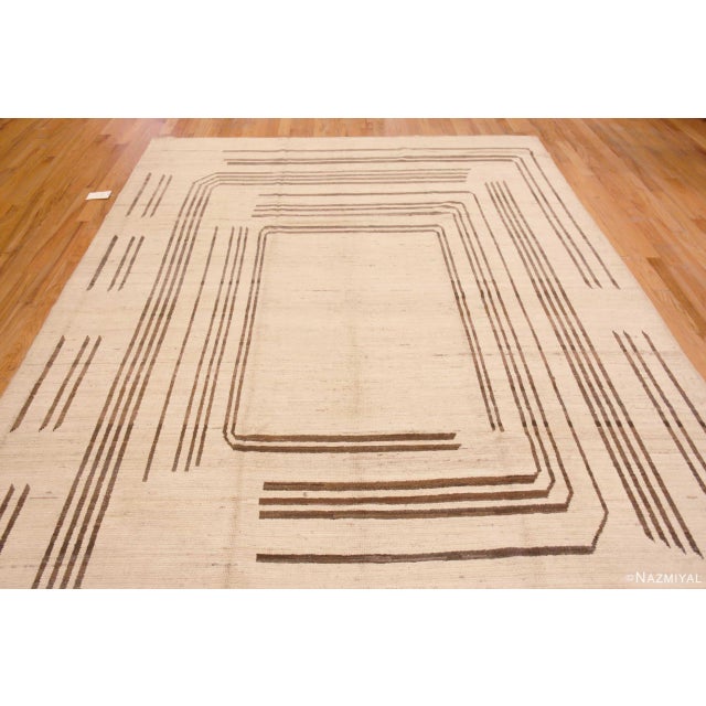 Modern Ivory Cream and Brown Geometric Square Pattern Modern Room Size Rug For Sale - Image 3 of 6