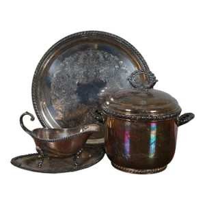 Vintage Silver Plate Serving Pieces Including Ice Bucket, Tray, Gravy Sauce Boat