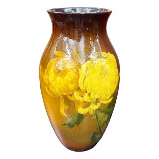 Rockwood Style Earthernware Hand Painted Pottery Vase W/ Chrysanthemums, C 1900 For Sale
