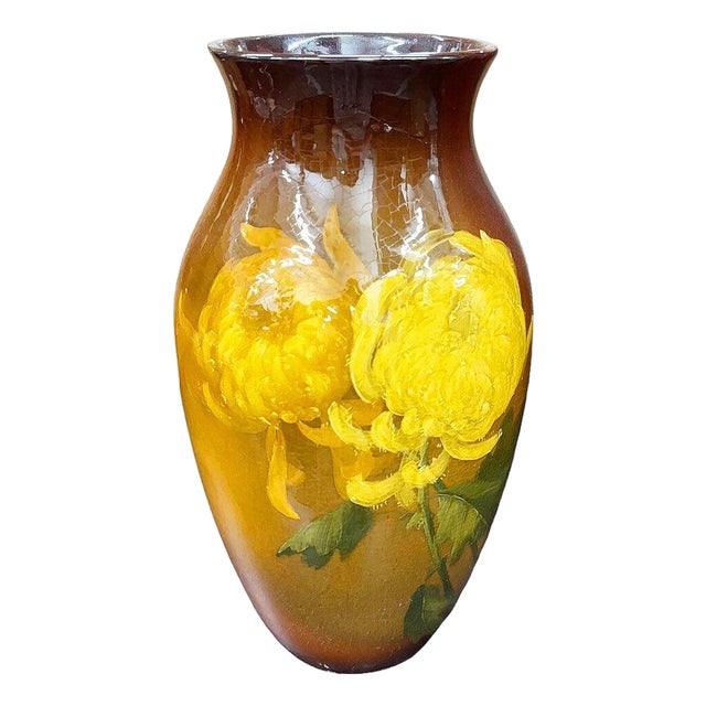 Rockwood Style Earthernware Hand Painted Pottery Vase W/ Chrysanthemums, C 1900 For Sale