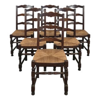 Straw-Seated Chairs with Slatted Oak Backs, Set of 6 For Sale