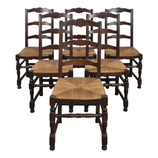 Straw-Seated Chairs with Slatted Oak Backs, Set of 6 For Sale