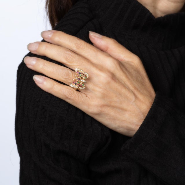 Vintage Butterfly Ring 14k Yellow Gold Diamond Gemstone Sz 4 Pinky Jewelry For Sale In Los Angeles - Image 6 of 7