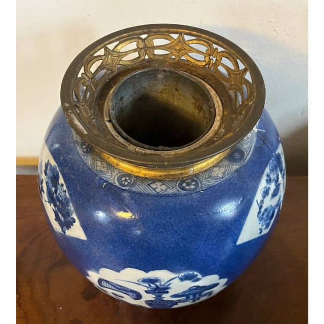 Antique Chinese Kangxi Period (1662-1722) Ormolu Mounted Blue and White Porcelain Ginger Jar Vase Decorated With Precious Objects For Sale In New York - Image 6 of 12