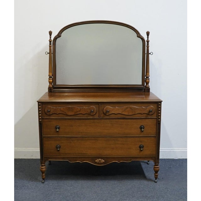 French Provincial Berkey & Gay Solid Walnut French Provincial 50" Dresser W. Vanity Mirror For Sale - Image 3 of 11