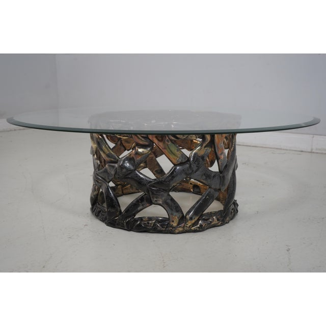 Age: Approx: 40 Years Old Details: Brutalist Style Modern Style Composite Base w. Metallic Finish Round Beveled Glass Top...