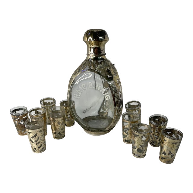 1970s Haig & Haig Whiskey Decanter Shot Glasses Sterling Set- 12 Pieces For Sale