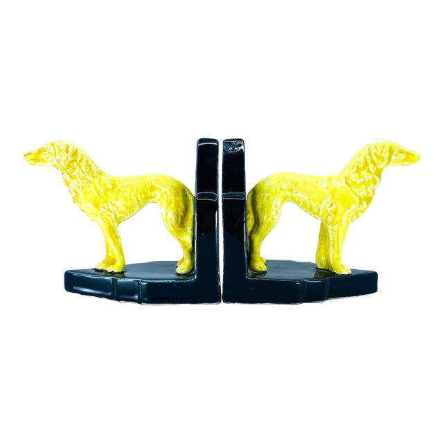 Vintage Art Deco Borzoi Dogs Geometric Ceramic Bookends, Germany- Set of 2 For Sale