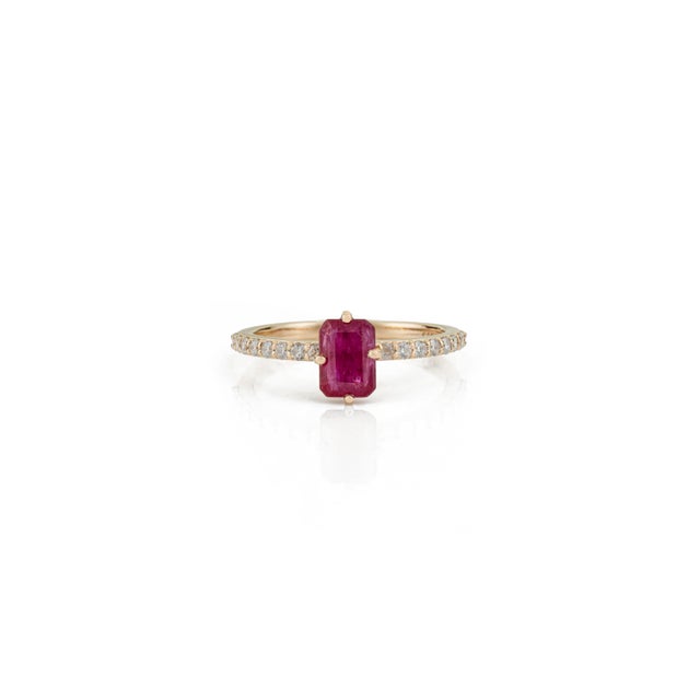 1.33ct Emerald Cut Ruby Solitaire Ring With Pave Diamonds in 14k Gold Size 6 For Sale - Image 4 of 17
