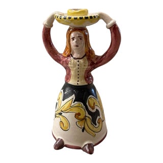 Vintage Italian Hand-Painted Majolica Figural Candlestick – Woman in Traditional Dress For Sale