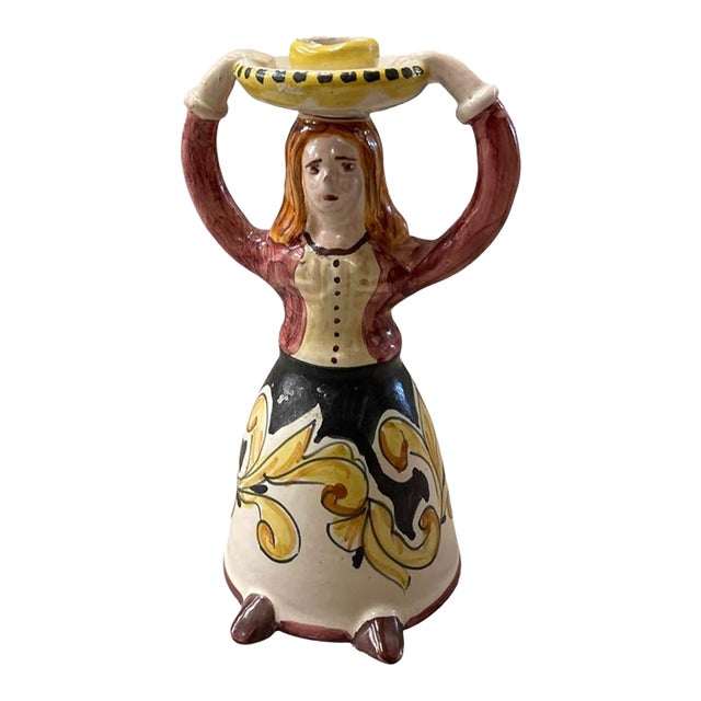 Vintage Italian Hand-Painted Majolica Figural Candlestick – Woman in Traditional Dress For Sale