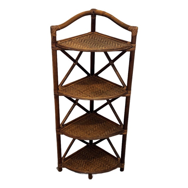Vintage Woven Rattan and Bamboo Four-Tier Corner Shelf Unit. For Sale