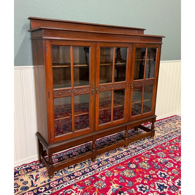 Jacobean Antique English Jacobean Bookcase Bookshelf Cabinet Wavy 3 Door Glass Mahogany For Sale - Image 3 of 14