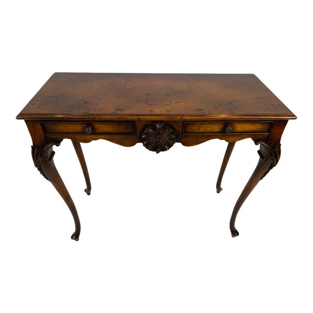 Burlwood Console Table With Two Drawers For Sale