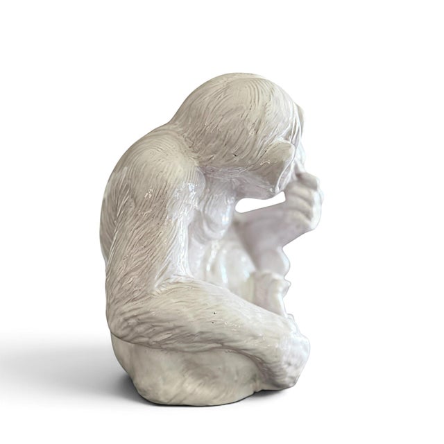 Vintage Italian Glazed Terracotta Monkey Sculpture in Contemplative Pose For Sale - Image 9 of 12