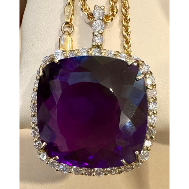 110Ct Cushion Amethyst & 5 Ct Diamond Pendant Necklace 14 K Yellow Gold + Chain For Sale - Image 18 of 18