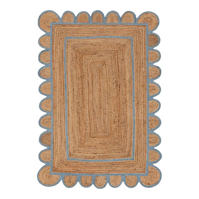Light Blue Scallop Jute Hand Made Rug - 2'x4' For Sale