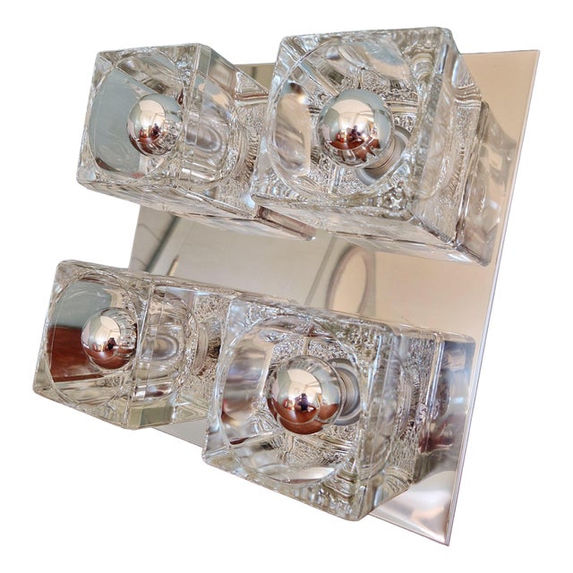 Ice Cube Square Ceiling Light in Chromed Metal and Glass from Peill & Putzler, 1970 For Sale