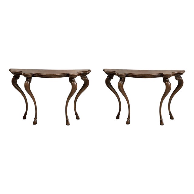 1970s Italian Carved Pine French Louis XV Style Console Tables W/ Hooves - Pair For Sale