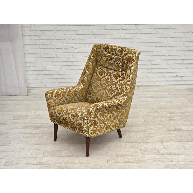 Danish Highback Armchair in Brown/Beige Furniture Fabric and Teak Wood, 1970s For Sale - Image 11 of 17
