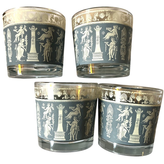 Dorothy Draper Vintage Jeannette Glass “Corinthian Blue” Neoclassical Cocktail Set – Ice Bucket & Glasses For Sale - Image 4 of 6