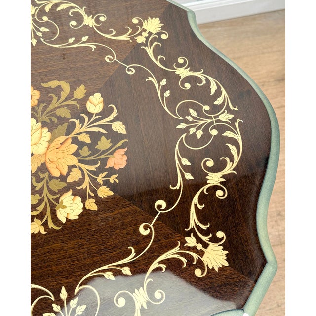 Vintage Italian Rococo Floral Marquetry Fruitwood Turtle Top Side Table For Sale - Image 6 of 12