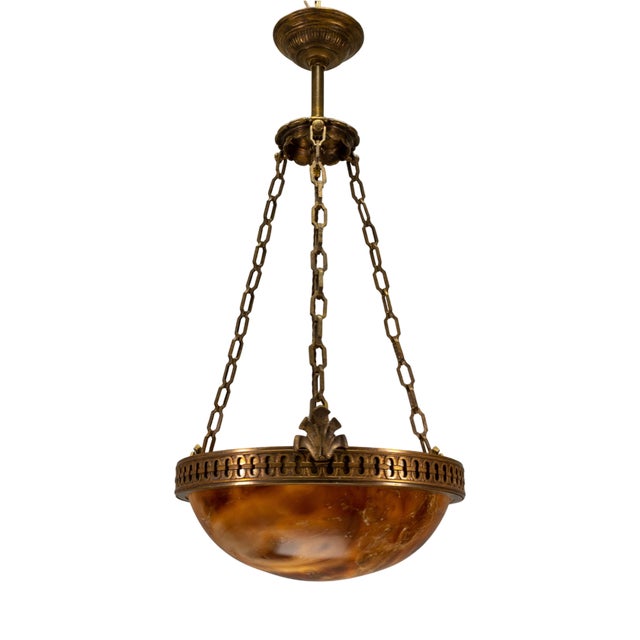 French Art Deco Alabaster and Bronze Pendant Light, 1920s For Sale