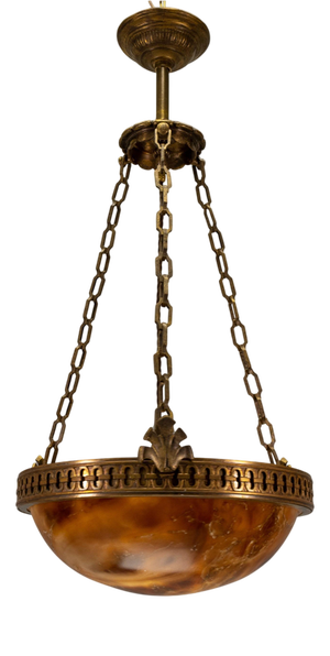 French Art Deco Alabaster and Bronze Pendant Light, 1920s