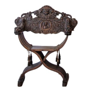 Late 19th Century Italian Renaissance Revival Carved Walnut Savonarola Chair For Sale
