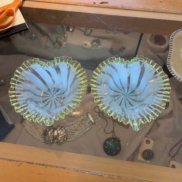 Late 19th Century Heart Vaseline Glass Bowls in Silver Plated Tray. Victorian Brides Basket For Sale In Aspen - Image 6 of 9
