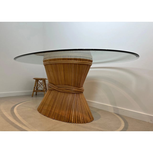 John and Elinor McGuire 1970 Large Wheat Sheaf Shaped Dining Table With Oval Beveled Glass Top on Bamboo Base For Sale - Image 4 of 12
