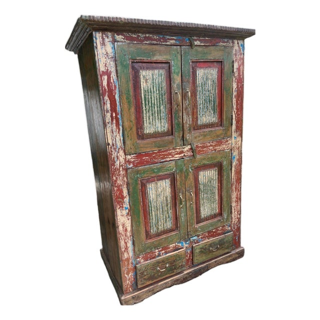 Vintage Hand-Carved Red Armoire | Rustic Farmhouse Storage Wardrobe Cabinet 70 For Sale