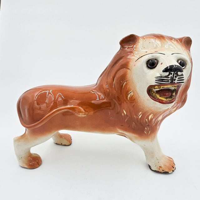 English Pair of Staffordshire Striding Lions For Sale - Image 3 of 10