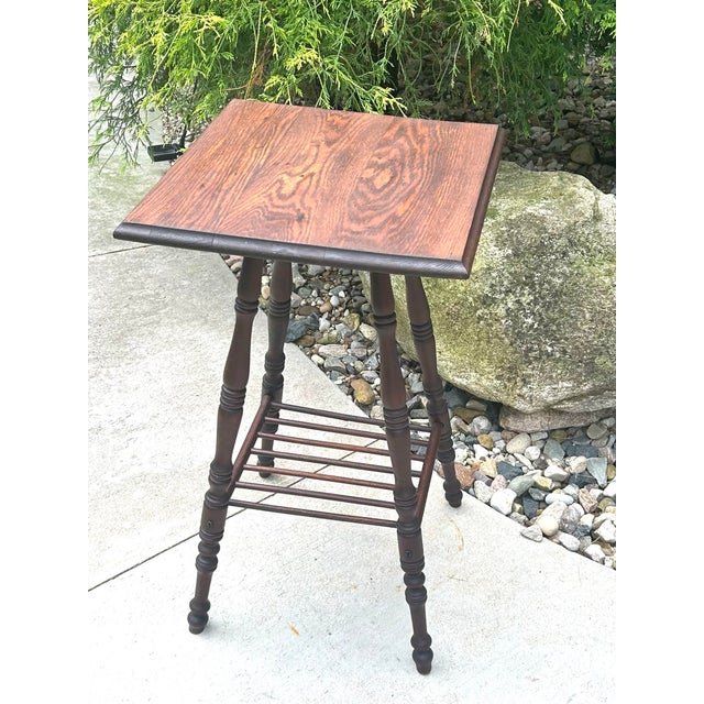 Burnt Umber Antique, Dark Oak, Victorian-Style, Accent Table With Spool-Turned Legs and a Slatted Shelf, 1890’s For Sale - Image 8 of 12